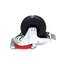 Swivel castor with brake, 100 mm diameter, black rubber tire, load capacity up to 80 kg
