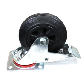 Swivel castor with brake, 160 mm diameter, black rubber tire, load capacity up to 180 kg