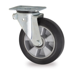 Swivel castor, diameter 200 mm, elastic rubber tire, load capacity up to 400 kg, aluminum core