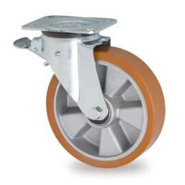 Swivel castor with brake, 200 mm diameter, vulcanized polyurethane tire, load capacity up to 800 kg