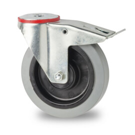 Swivel castor with brake, 160 mm diameter, elastic rubber tire, load capacity up to 300 kg